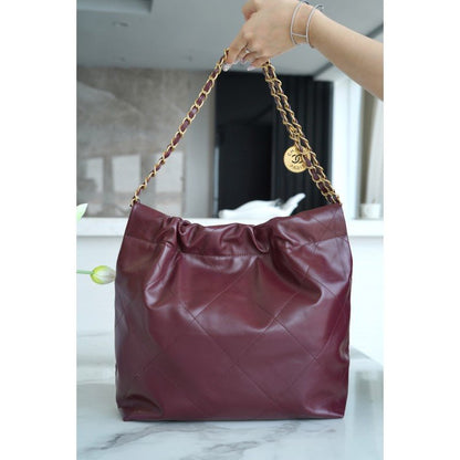 𝗖𝗛𝗔𝗡𝗘𝗟 ✦𝟐𝟐𝗣 Advanced Handcraft Workshop 𝟐𝟐 Handbag Genuine Leather Large Wine Red - Rachellebags