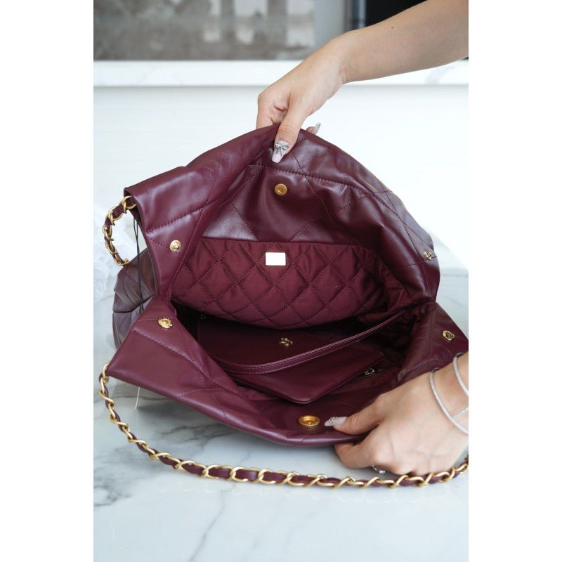 𝗖𝗛𝗔𝗡𝗘𝗟 ✦𝟐𝟐𝗣 Advanced Handcraft Workshop 𝟐𝟐 Handbag Genuine Leather Large Wine Red - Rachellebags